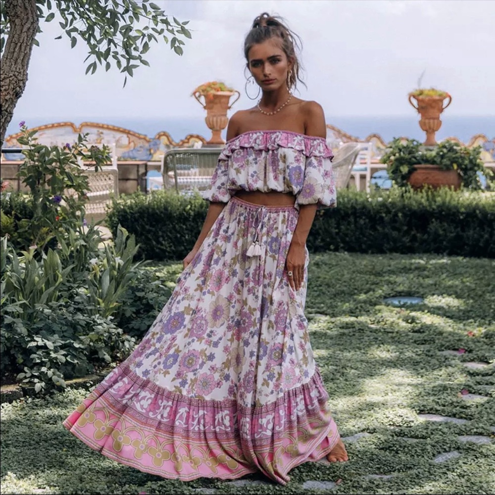 Boho Floral Gypsy Print Maxi Skirt Wild Bloom Pink - Picture 2 of 9